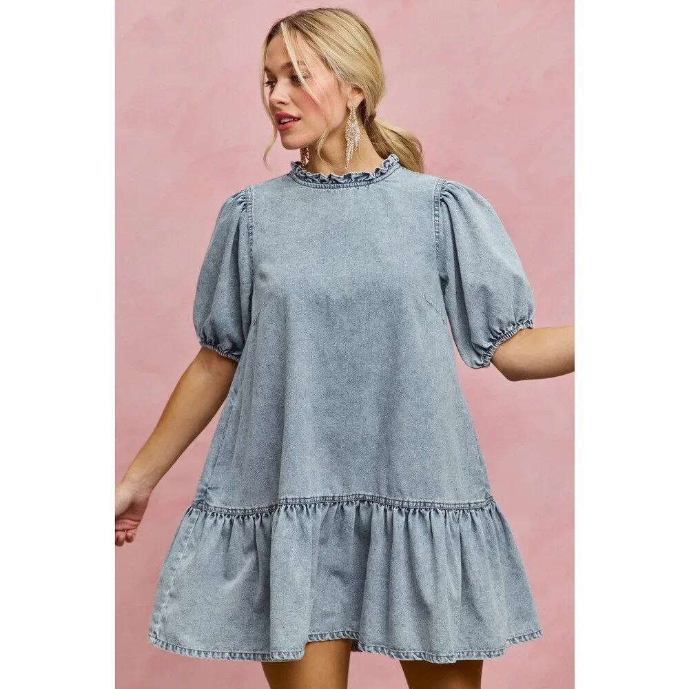 SO ME Denim Short Sleeves Mini Tiered Dress - Picture 2 of 15